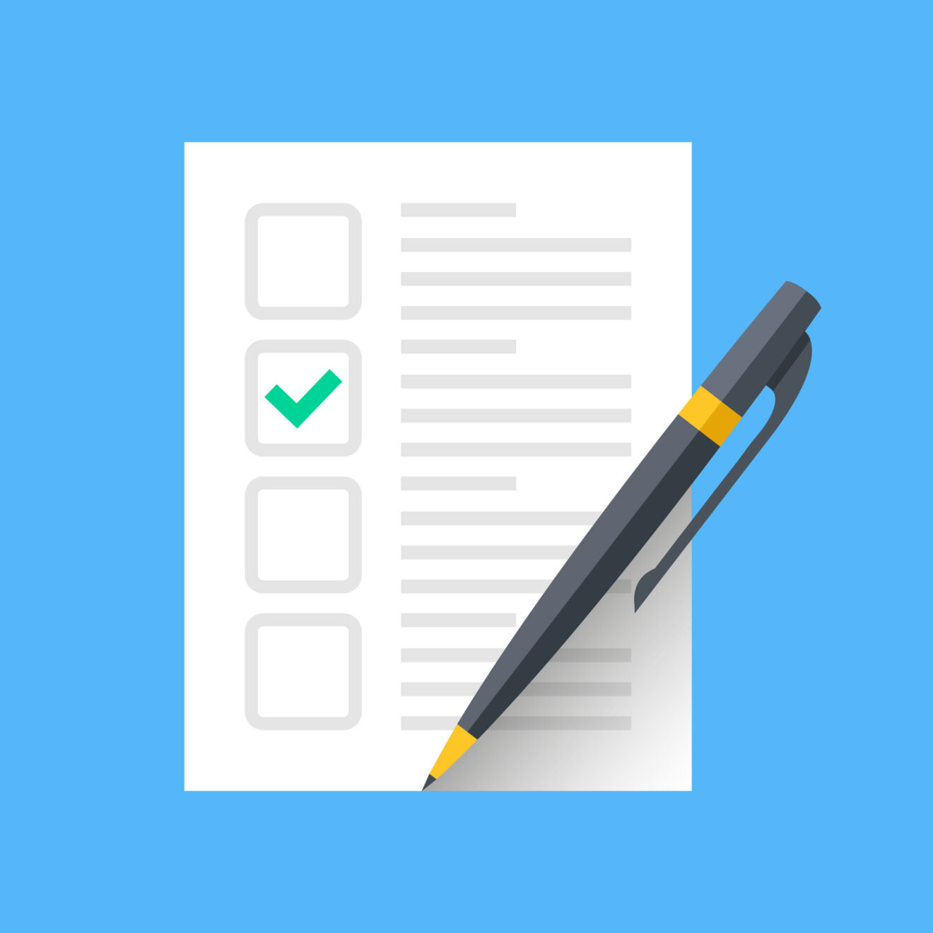 Document with green check mark and pen. Checklist and single tick icon. Green checkmark. Claim form, fill application form, survey, voting concepts. Modern flat design graphic elements. Vector icon